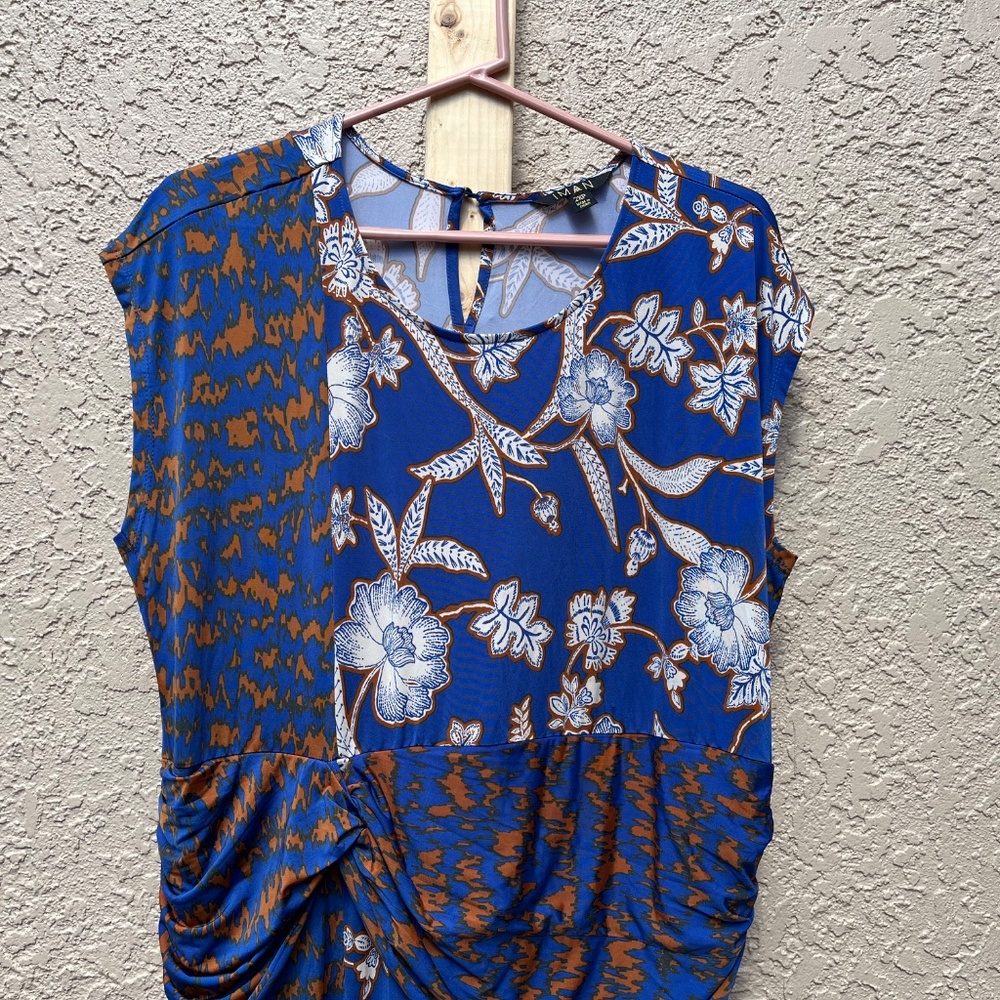 Ruched Waist Midi Dress 2XP Blue Mixed Print Stretch Petite Plus IMAN - Picture 5 of 10